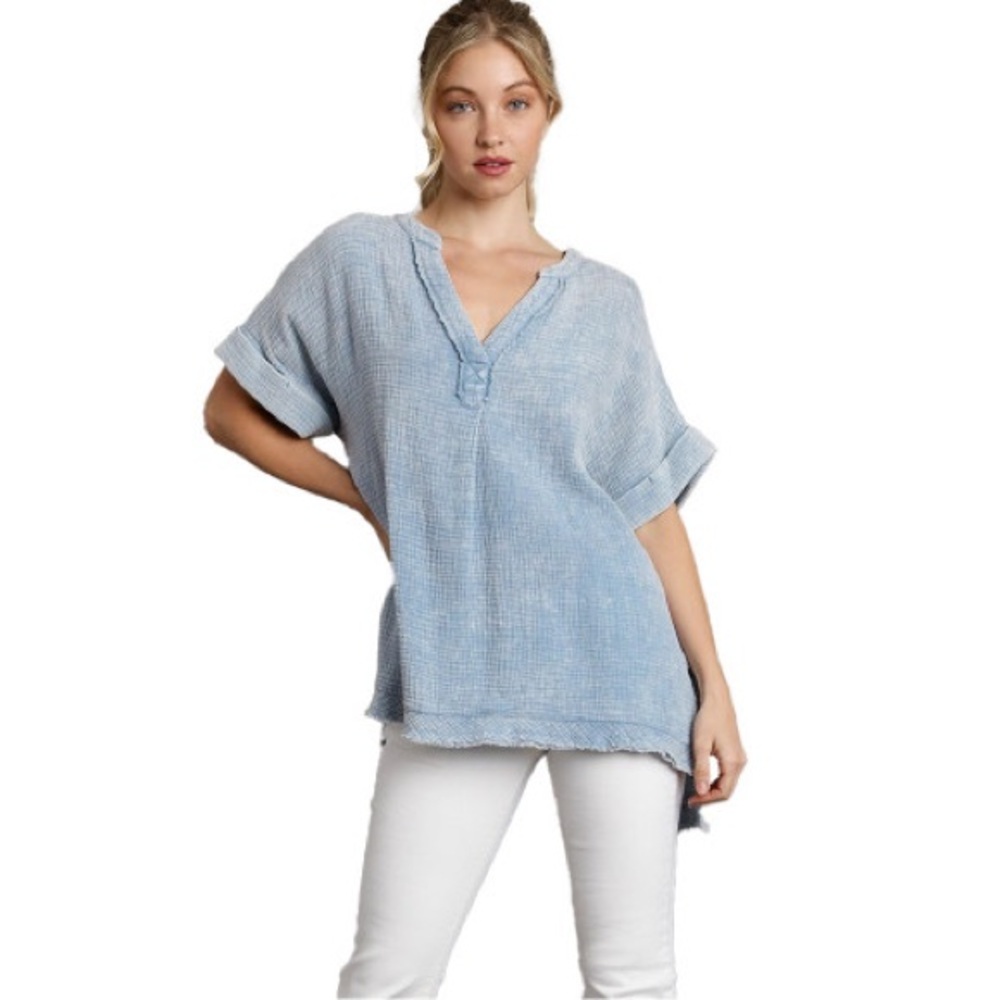 Umgee Oversized Gauze Cotton Blue Tunic Top XL with Cuffed Sleeves